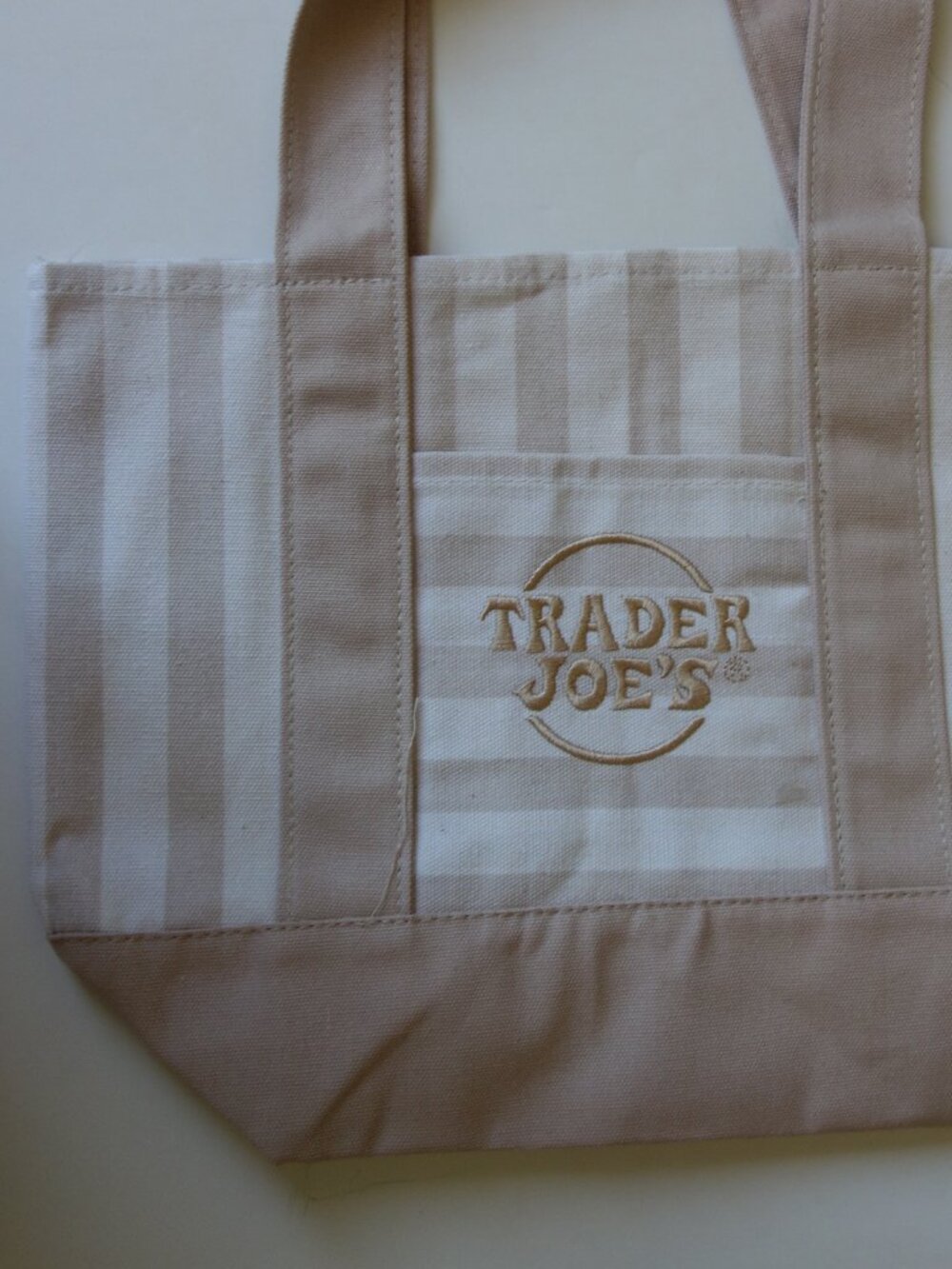 TRADER JOE'S Mini Tote Bag 2026 Beige & Tan Striped Bag 65% Cotton 35% Polyester
